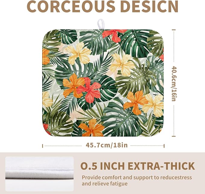 Tropical Leaves Flower Drying Mat for Kitchen Counter Summer Palm Leaf Drying Dish Mat Watercolor Herbs Dishes Pad Absorbent Fast Dry Kitchen Accessories 16x18 Inch