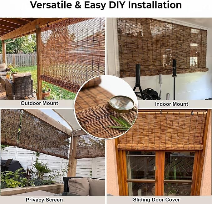Bamboo Roller Shades for Outdoor Patio, Porch, Pergola, Balcony, Bamboo Blinds, UV Protection, Light Filtering Bamboo Blinds for Interior Windows, Bamboo Roman Shades for Windows