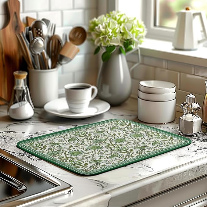 Green Floral Dish Drying Mat for Kitchen Counter 16x18 Inch Spring Summer Flowers Drying Mats Microfiber Absorbent Dish Drainer Pad Reusable Washable Dish Draining Mat for Coffee Bar Sink