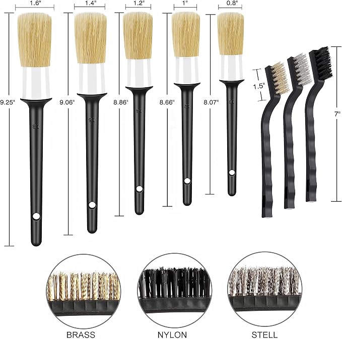HMPLL 10pcs Detailing Brush Set, White | Includes 5 Soft Car Detailing Brushes , 3 Wire Brush, 2 Air Vent Brush for Cleaning Car Interior and Exterior Detailing