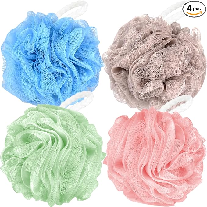 Fu Store Loofah Sponge Shower Loofahs 70g Bath Sponges Mesh Balls 4 Colors for Body Scrubber Exfoliator Wash Back Scrubbers Bathroom Men Women 4 Pack Cleaning Bathing Accessories Blue Beige Green Pink