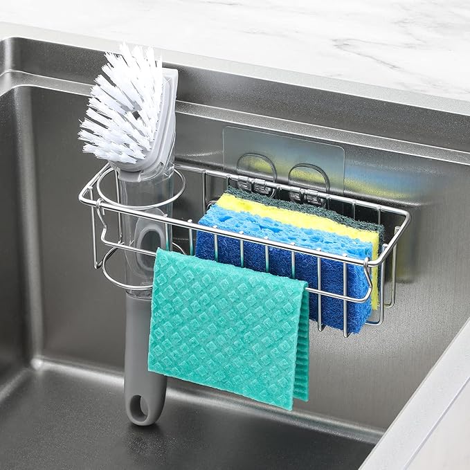 3-In-1 Sponge Holder for Kitchen Sink with Suction Cups & Adhesive Hook , In-sink Sponge Holder, Wall Hanging Sink Caddy Organizer Rack - Sponge, Dish Cloth, Brush, Scrubber - 304 Stainless Steel