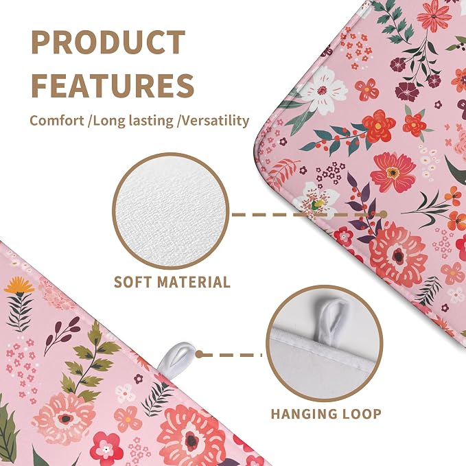 Pink Floral Dish Drying Mat for Kitchen Counter Cute Flower Print Dish Rack Mats Absorbent Microfiber Dish Draining Mat Reusable Washable Large Drainer Pad 18x24 Inch