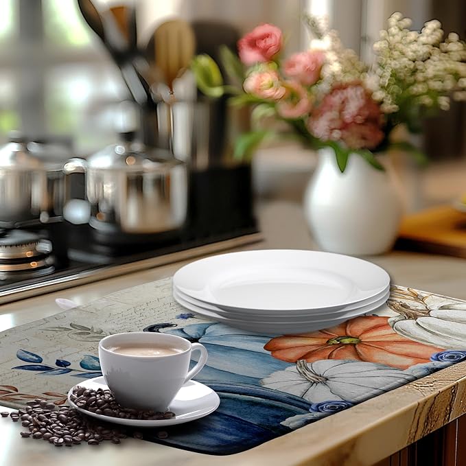 Fall Blue White Pumpkin Dish Drying Mats Thanksgiving Leaves Dish Mat Drying Matt Autumn Floral Dishes Dryer Pad for Kitchen Counter Absorbent Microfiber Washable Foldable Reusable 18x24 in