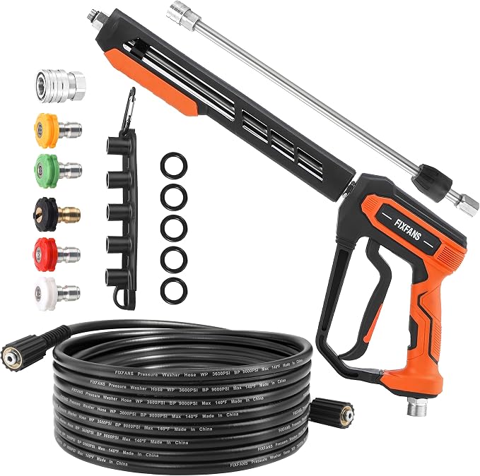 FIXFANS Pressure Washer Gun and Hose Kit, 25FT Power Wash Hose, M22 Fitting | High Pressure Washer Replacement Wand Extension, 5 Nozzle Tips