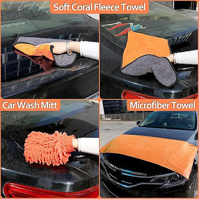 THINKWORK Car Detailing Kit, Microfiber Cleaning Tools with Storage Bag | Scratch-Proof Microfiber, 17Pcs Complete Set, Fits Most Vehicles, Dual Interior & Exterior Use, Orange, Ideal Gift