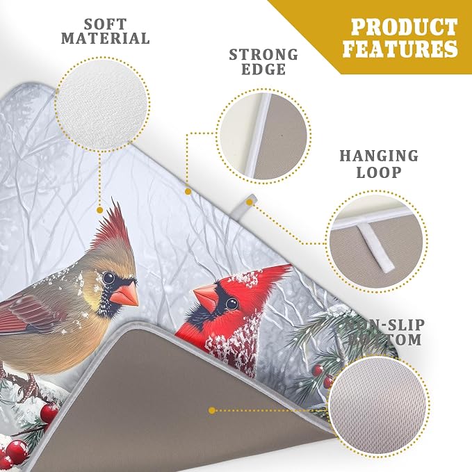 Winter Christmas Dish Drying Mat for Kitchen Counter 18 x 24 Inches Red Birds Absorbent Reversible Microfiber Mats for Berry Dish Rack Pad Drainer Mat for Coffee Bar Decor