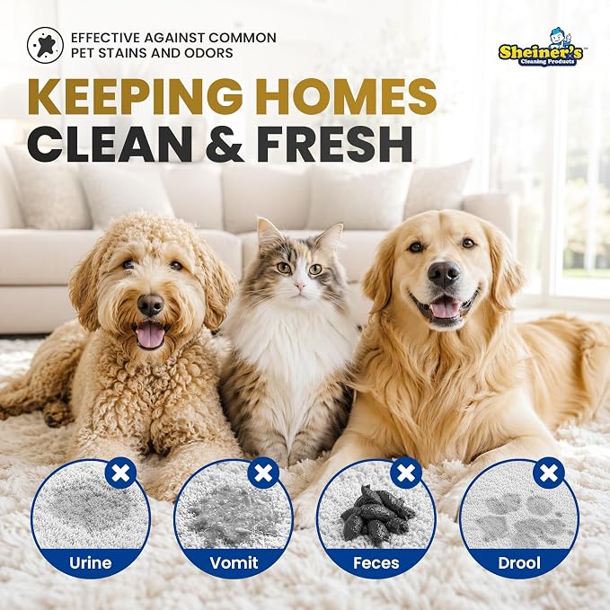 Sheiner's Pet Stain Remover & Pet Odor Eliminator, Advanced Cleaning Bio-Enzyme Cleaner Solution for Carpets, Rugs, Upholstery & Multi-Surfaces, Safe for Pets & Kids. (32 oz)