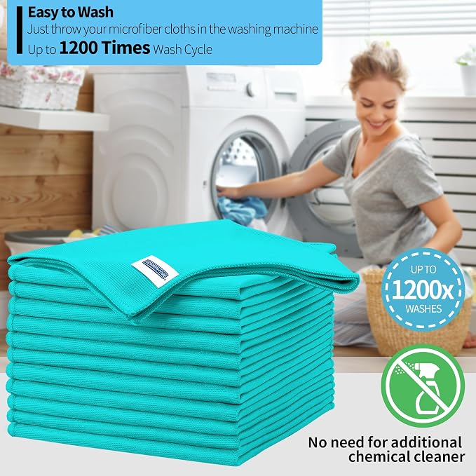 Microfiber Cleaning Cloth, 12 Pack Window Glasses Cleaning Cloth, Reusable Lint-Free Streak Free Polishing Cloth Wipes for Stainless Steel, Eyeglass, Mirror, Screen & Lense, Turquoise