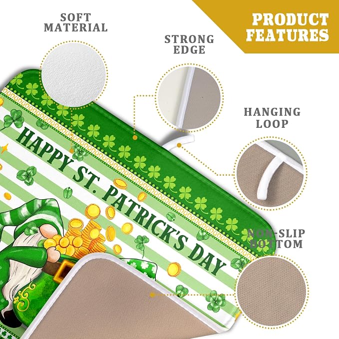 Shamrock Gnome Dish Drying Mat Coin Clover Dishes Fast Dry Mat 16x18 inch Absorbent Microfiber Dishware Drainer Pad for Kitchen Counter Sink