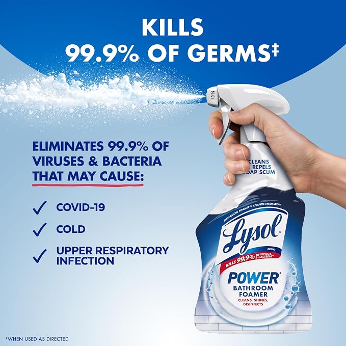 Lysol Power Foaming Bathroom Cleaner, Multipurpose Cleaner for Showers, Bathtubs, Sinks, Disinfectant Spray Kills 99.9% of Germs, Zero Bleach Cleaning Spray, 32 Oz.