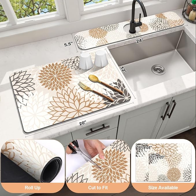 Findosom 2PCS 12" x 20" Dish Drying Mat & 24" x 5.5" Sink Splash Guard, Super Absorbent & Cuttable Dish Mat Drying Kitchen Mat with Brown Floral, Hide Stain Drying Mat for Kitchen Counter
