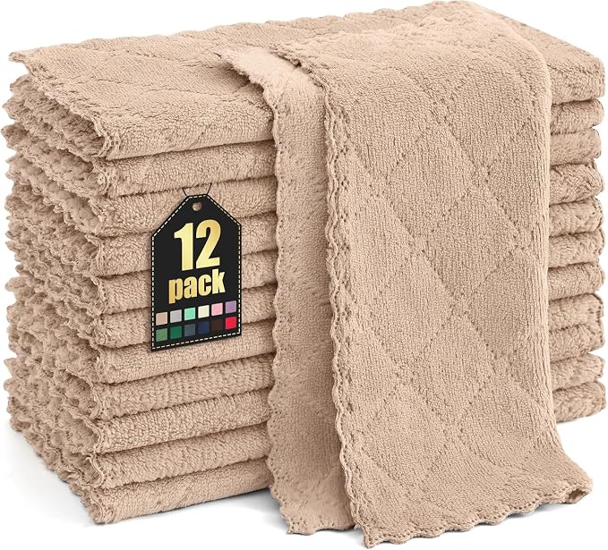 Homaxy 12 Pack Kitchen Dish Cloths (10 x 10 Inches, Tan), Super Soft and Absorbent Coral Velvet Dish Towels, Nonstick Oil Fast Drying Microfiber Cleaning Cloth, No Lint Household Dishcloths