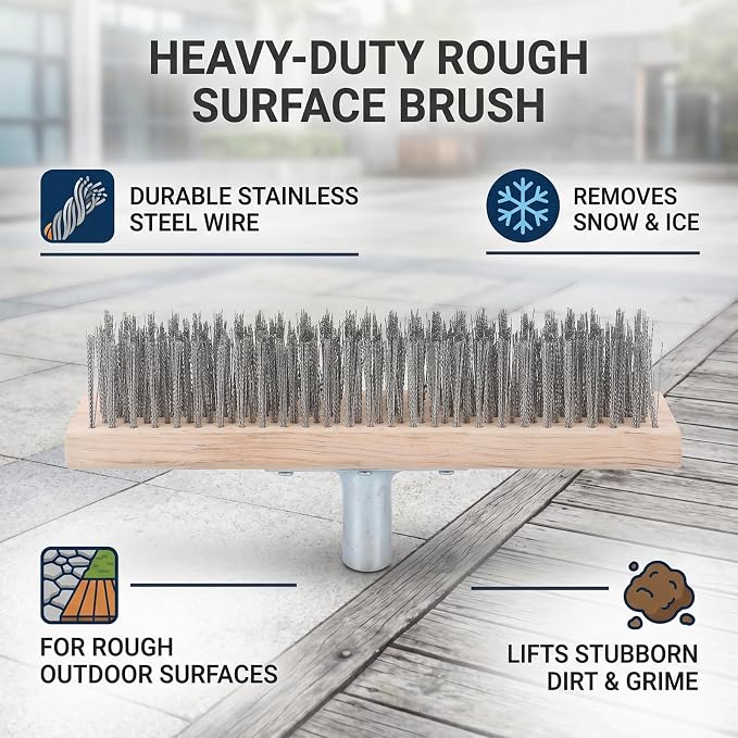 Hyuduo Floor Scrub Brush Heavy Duty Stainless Steel 30CM Rough Surfaces Scrub for Driveway Patio Deck Tile Outdoor Cleaning Brush with Pine Wood Handle