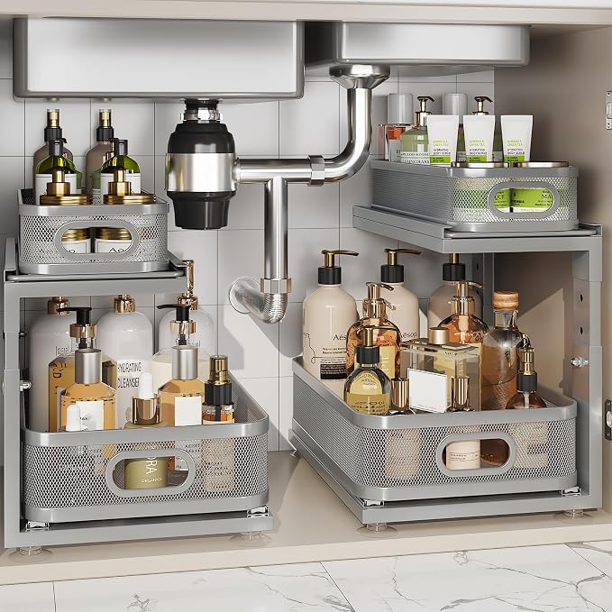 2 Pack 15.5IN-Depth Under Sink Organizer With Next-Gen Ball-Bearing Slides,2-Tier Precision Mesh Pull Out Cabinet Storage for Bathroom&Kitchen,Height Adjustable Drawers Shelf,Anti-rust-Grey