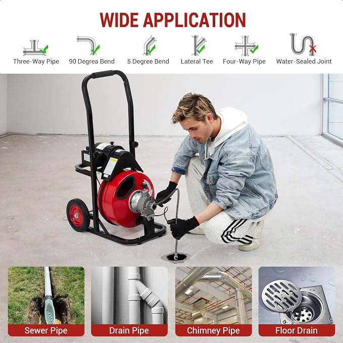 Auto Feed 100 FT x 3/8 in Drain Cleaner Machine with 370W Motor, Portable Sewer & Plumbing Snake Auger with 8 Cutters and Air-Activated Foot Switch, Electric Drain Snake for 1"–4" Pipes