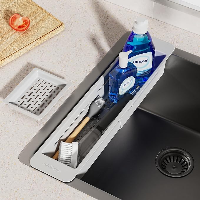 NiHome Extendable Over Sink Kitchen Organizer, Small Telescopic Brush Storage Rack for Sponge, Non-Slip Pads Expandable Sink Caddy, Adjustable Sponge/Brush Rack with Drainage Durable ABS (Gray)