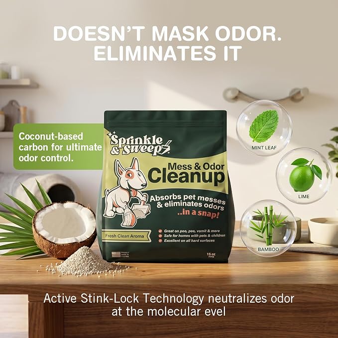Sprinkle & Sweep: Pet Mess & Odor Cleanup Duo - 15oz Bag & Dustpan Broom - Dog Accident Clumping Powder, Remove Urine-Poop-Vomit from Hard Services