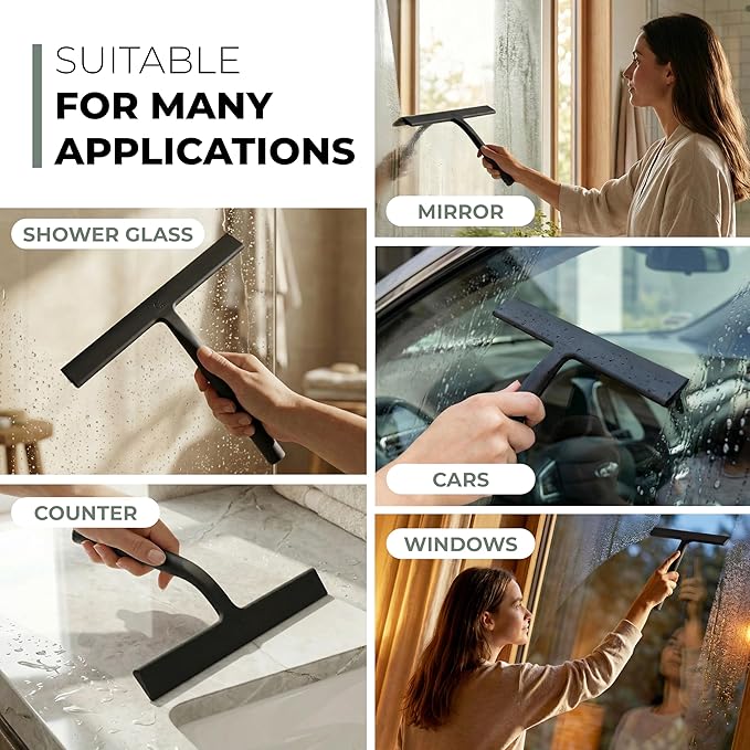 GÜTEWERK Silicone Shower Squeegee for Glass Doors & Mirrors with Stainless Steel Core, Streak-Free & No-Squeak Window Cleaning, 3-in-1 No-Drill Mount (Hook/Suction/Adhesive),Black, 13 Inches