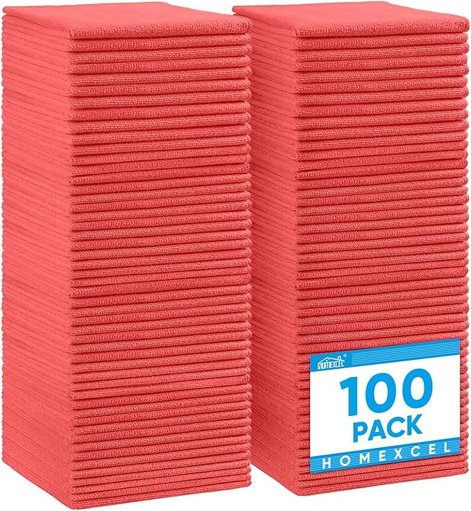 HOMEXCEL 100PK Microfiber Cleaning Cloth, Cleaning Rag for Home, 11.5x11.5 | Reusable, Lint Free, Scratch-Free and Highly Absorbent Towels for Kitchen, Window and Glass, Cars, Red