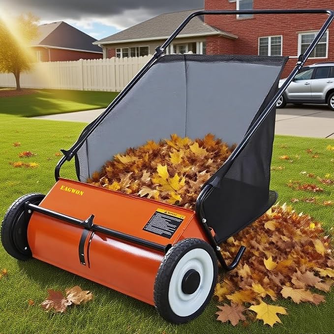 Push Lawn Sweeper, 26-Inch Width, 7 Cu. Ft. Hopper Capacity, 4 Spinning Brushes, Adjustable Height, Durable Steel Frame with Rubber Wheels, Orange