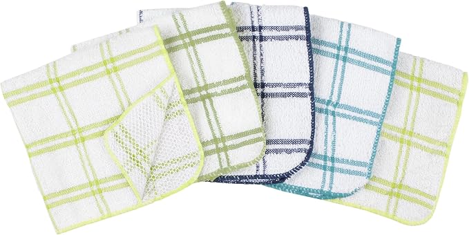 Ritz 100% Cotton 12-inch x 12-inch Kitchen Dish Towel, Gentle Cleaning Wash Cloth with Poly Scour Side, 5-Pack, Cool