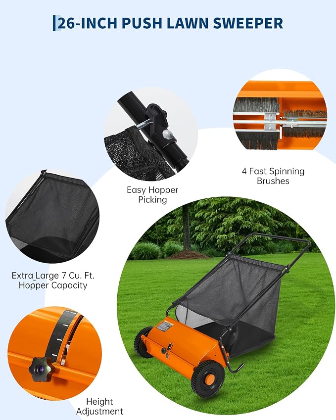 Garvee 26" Push Lawn Sweeper, Heavy Duty Walk Behind Leaf Collector | Yard Sweeper for Outdoor, Patio, Driveway, Garden Grass Sweepers, 4 High Speed Spinning Brush, 7 Cu. ft Hopper Capacity