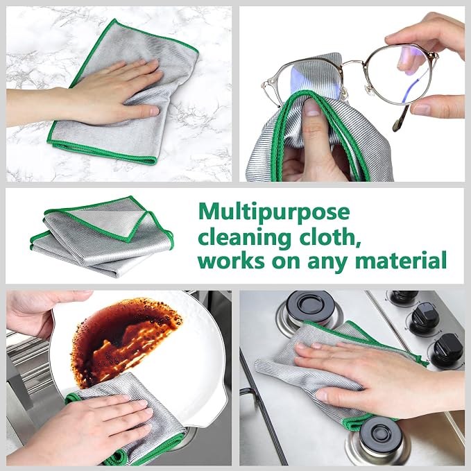 Airlab Glass Polishing Streak Free Miracle Cleaning Cloth, Sliver-Green | Lint Free Microfiber Cleaning Rags for Glasses Kitchen Dish Mirrors Easy Clean, 12 x 12 Inches, Pack of 6