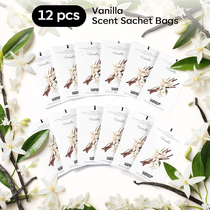 MYARO 12 Packs Vanilla Scented Sachets for Drawer and Closet, Long-Lasting Closet Sachet Bags Drawer Deodorizers Fresh Scents, Home Fragrance for Lover