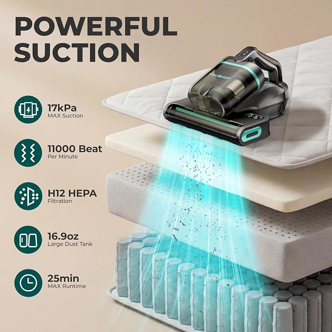 HAUSHOF Cordless Mattress Vacuum Cleaner, 17kPa, 2 Suction Modes | 275nm UVC Light, Dust Index Indicator, 140°F Heat, Beater Brush, H12 HEPA Filter, 16.9oz Dual Cup, For Couch, Bed, Furniture