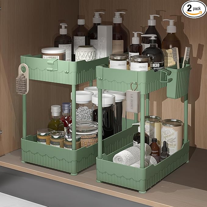 Sevenblue 2 Pack Under Sink Organizer, Under Bathroom Cabinet Organizer with Hooks Hanging Cup, Multi-Purpose Storage Shelf for Kitchen Bathroom (Green, 14.8 Inch)