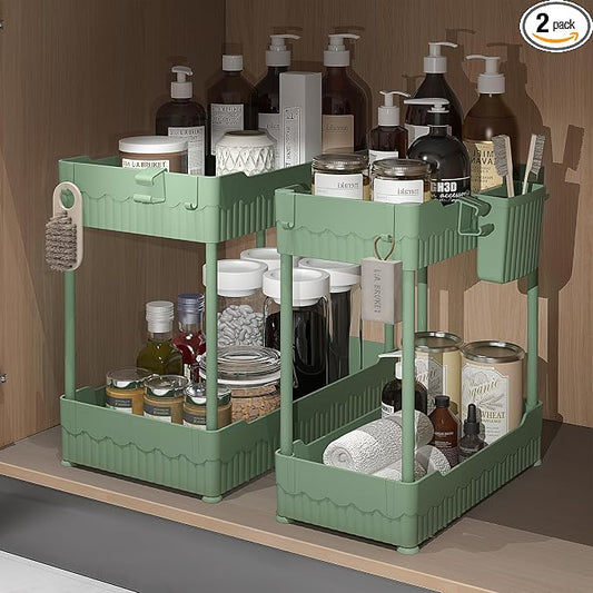 Sevenblue 2 Pack Under Sink Organizer, Under Bathroom Cabinet Organizer with Hooks Hanging Cup, Multi-Purpose Storage Shelf for Kitchen Bathroom (Green, 14.8 Inch)