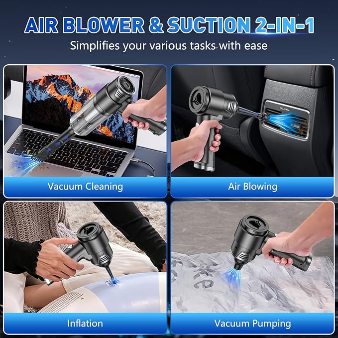 KMM Handheld Car Vacuum Cleaner, 10000PA Hand Held Vacuum & Air Duster | Strong Suction, Cordless, 120W High Power, Portable, Multi-Nozzles & LED Light, for Home, Car, Office
