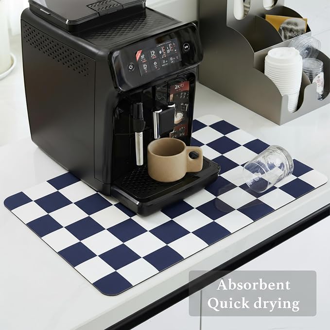 Ohocut Checkered Dish Drying Mat for Kitchen Counter, Coffee Bar Station Accessories, Retro Cute Aesthetic Modern Absorbent Drainer Mat Kitchen Drying Mat Easy Clean (Navy Blue, 19" x 12")