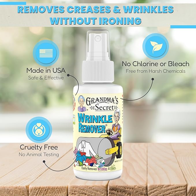Grandma's Secret Wrinkle Remover - Wrinkle Release Spray, Odor Eliminator, and Fabric Refresher Spray - Chlorine and Bleach Free - 16 oz & 3 oz Travel Size Combo