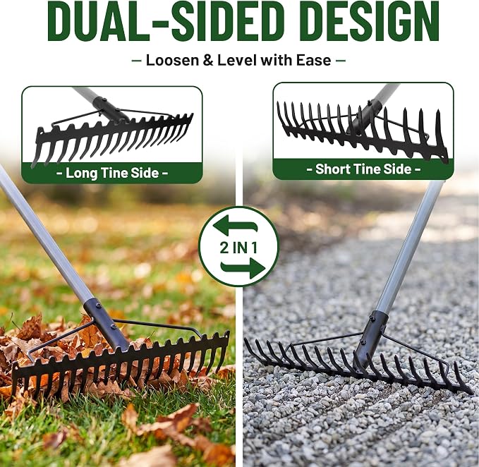 Walensee Heavy Duty Dual-Sided Bow Rake, 63" Stainless Steel Handle, Heat-Treated Manganese Steel Head, 17 Steel Tines Metal Garden Rake for Soil Loosening, Yard Leveling, Lawn Care and Thatch Removal