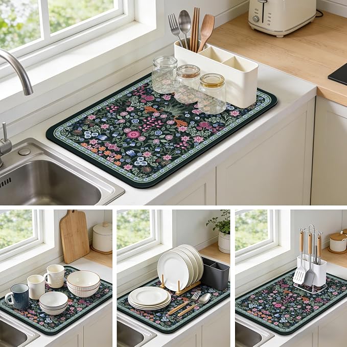 Dish Drying Mat for Kitchen Counter 18x24 Inch, Boho Quick Dry Coffee Mat | Made of super absorbent diatomite that quick dries dishes, coffee machine & sink area. Non-slip rubber base for countertop