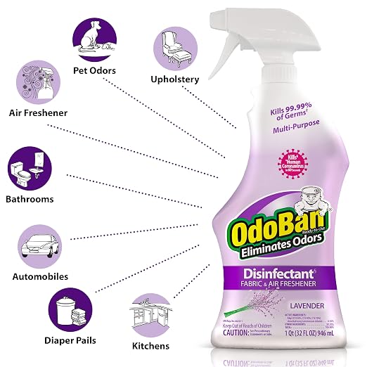 OdoBan Ready-to-Use Disinfectant and Odor Eliminator, Set of 12 Spray Bottles, 32 Ounces Each, Lavender Scent