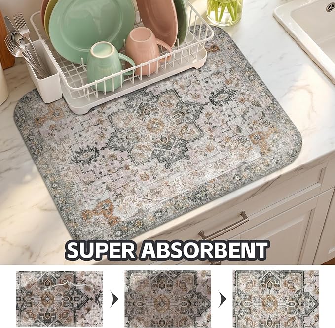 Boho Dish Drying Mat for Kitchen Counter,Vintage Grey Modern Farmhouse Absorbent Microfiber Reusable Washable Non-Slip Dish Drainer Draining Mats Dishes Pad for Kitchen Decor 18x16 Inch