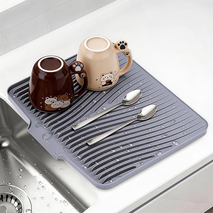Silicone Dish Drying Mat for Kitchen counter, 19.7"x17" Extra Large Non-Slip Drain Pad with Built-in Drainage, Heat Resistant Dishwasher Safe, Grey