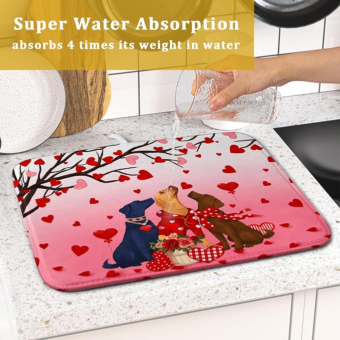 Love Dog Dish Drying Mat 16"x18" Red Heart Microfiber Dish Drainer Mat Hanging Loop Absorbent Fast Dry Pad Kitchen Counter Bar Accessories