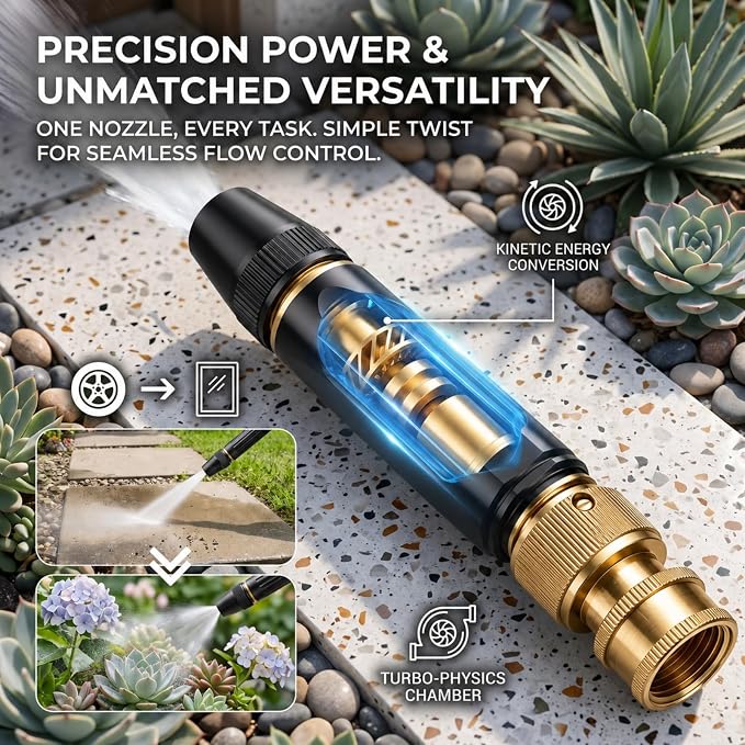 High Pressure Hose Nozzle for Garden Hose, 3/4 in GHT Twist Sprayer | Gaoyashuiqiang Nozzle, direct-fit 3/4" GHT connector, 3 spray modes, leak-resistant brass build for car, patio, yard cleaning