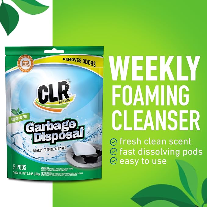 CLR Garbage Disposal Cleaner and Deodorizer Pods, 5 Count, Fresh Scent Weekly Foaming Drain Odor Eliminator - 1 Month Supply
