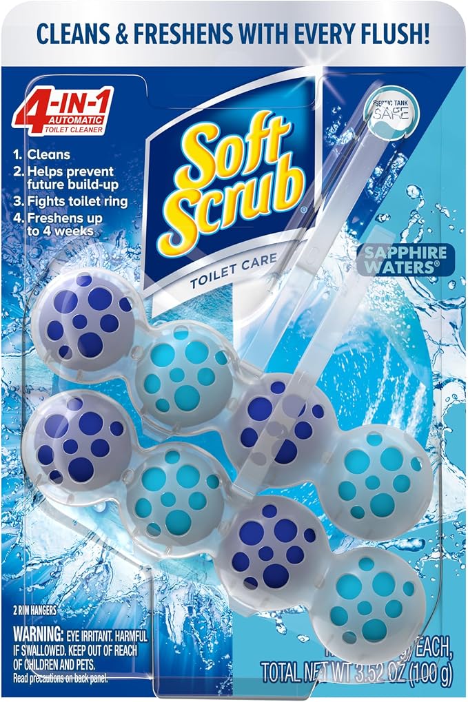 Soft Scrub 4-in-1 Rim Hanger Toilet Bowl Cleaner, Sapphire Waters, 2 Count，2 Count