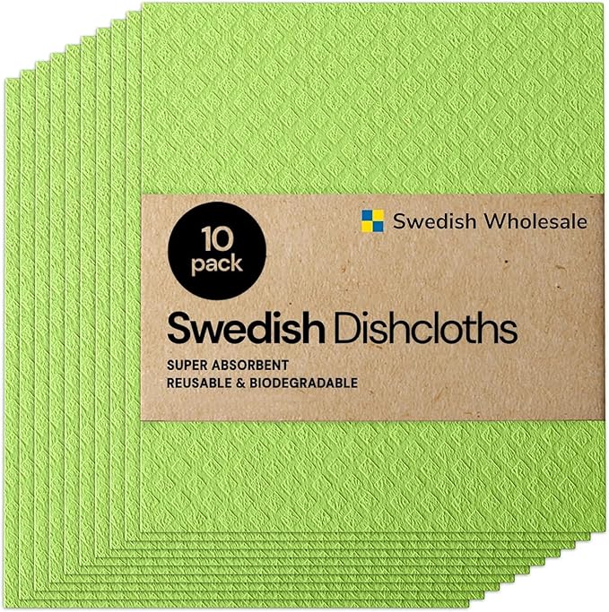 Swedish Wholesale Dishcloths Reusable 8" x 7" Sponge Cloths, Bulk 10 Pack of High Absorbent Cellulose Dish & Kitchen Cleaning Hand Towels, Wring to Dry & Machine Wash, Odor Resistant, Lime
