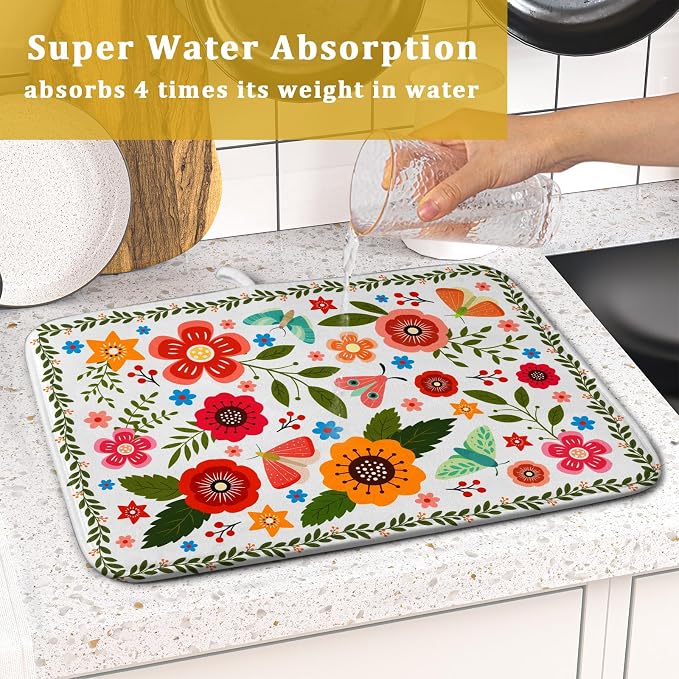 Colorful Boho Floral Dish Drying Mat 16x18 Inch Dishes Dry Pad Drainer Rack Mats Absorbent Hanging Loop Kitchen Counter Bar Accessories