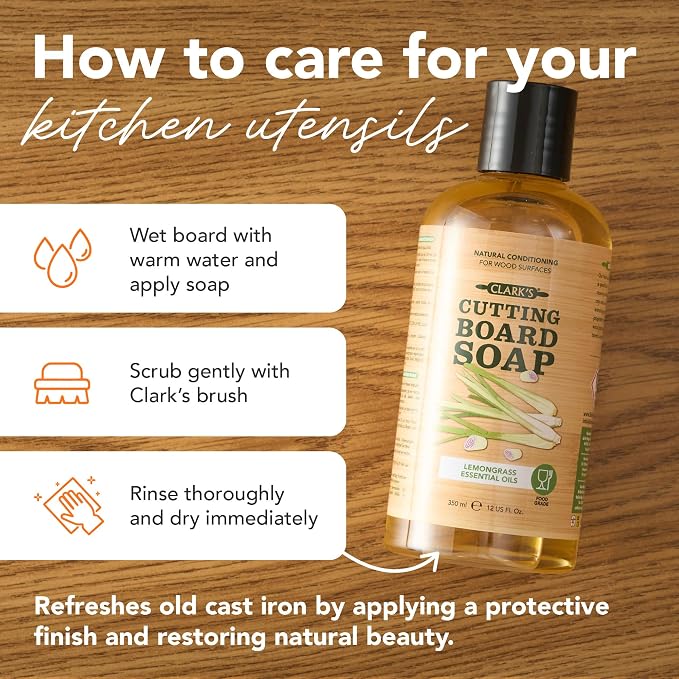 CLARK'S Cutting Board Organic Soap - Enriched with Lemongrass Extracts - Cleaner for Kitchen Countertops, Butcher Blocks, Bamboo, Wooden Bowls and Utensils - Cleans and Restores Wood - Food Safe