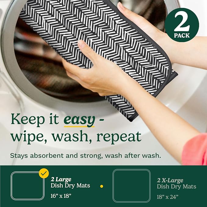 Cuisinart Dish Drying Mats for Kitchen Counter - (2) 16" x 18" Ultra Absorbent Kitchen Dish Drying Mat - Mesh Backing, Foldable, Machine Washable, Fast Drying Dish Mat (Dashed Lines)