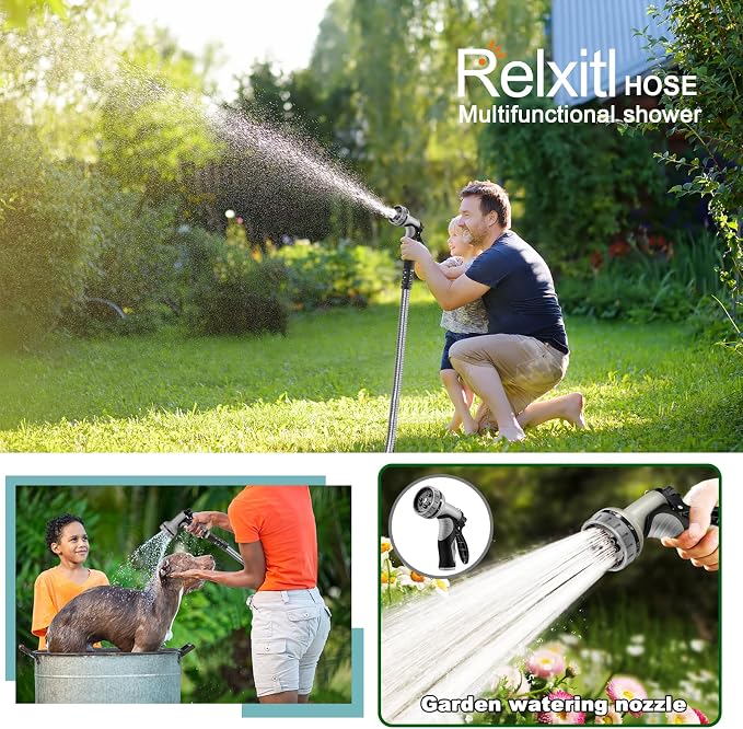 25FT Metal Garden Hose - Stainless Steel, Heavy Duty, Flexible & Lightweight, Never Kink and Tangle, with 10-Function Nozzle, Pressure Resistant for Outdoor Use (Grey)