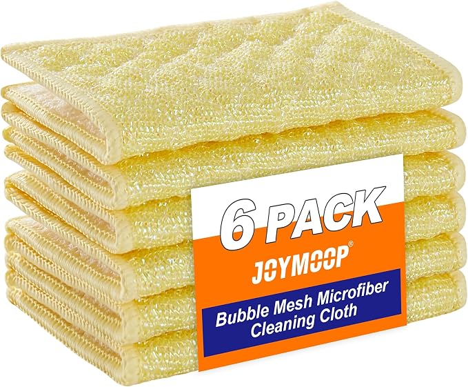 JOYMOOP Bubble Mesh Microfiber Cleaning Cloth, Reusable Non-Scratch Cleaning Rags, Dual-Sided Dish Cloths, Multipurpose Dish Rags for Dishwashing, Kitchen, Stainless Steel-6 Packs, Yellow